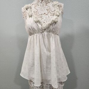 Eci Chiffon Rosette Metallic Circle Dot Babydoll Top In Cream Size 6